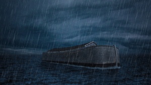 Noah's ark floating across an expanse of water as it rains