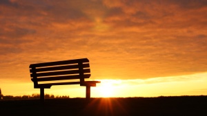 A empty bench with the sun setting.