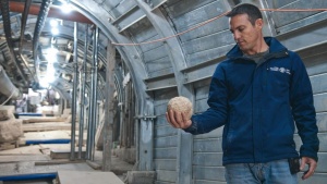 Archaeologist Nahshon Szanton holds a ballista stone apparently launched by Roman soldiers during the seige of Jerusalem in A.D. 70, found on an excavated first-century street.