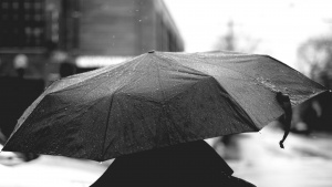 A person walking in the rain using an umbrella.