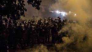 Riot police in the street.