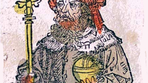 Artist illustration of King Cyrus - Colored woodcut from a 1480 edition of the Polychronicon 