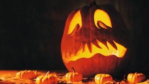 A carved pumpkin.