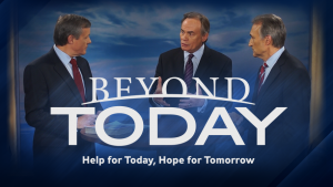 This is the Beyond Today logo placed over a photo of the three TV presenters.