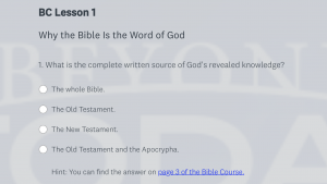 Screenshot of the first question in the quiz for Lesson 1 of the Bible Study Course. 
