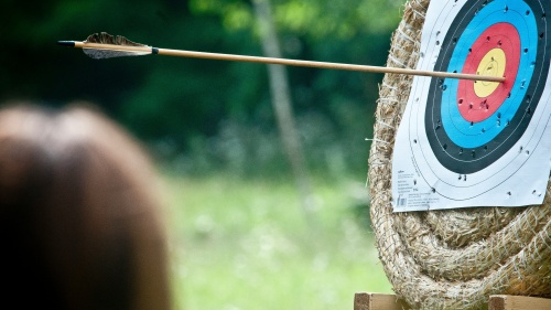 an archery target with an arrow piercing the red circle around the bullseye