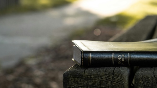 a Bible on a wooden bench outdoors