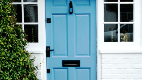 Blue wooden door.