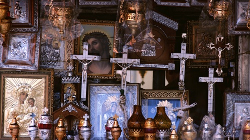 Religious idols and iconic trinkets. 