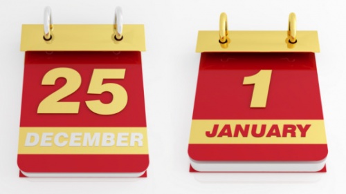 A calendar that shows December 25 and January 1.