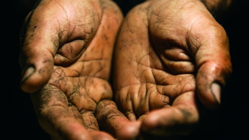 Old weathered hands cupped.