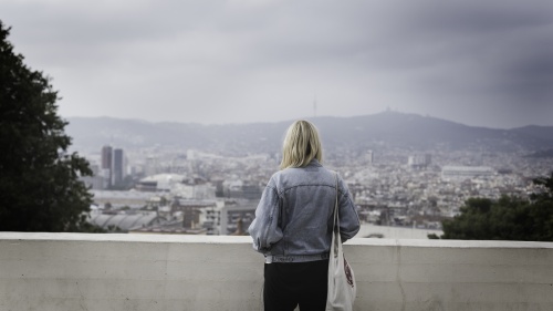 A woman standing by a brick wall looking out over city buildings.