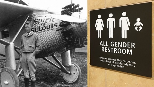 Charles Lindbergh with the plane The Spirit of St. Louis and a "all gender" restroom sign in San Diego Airport.