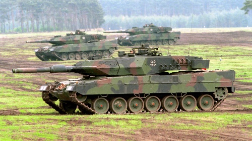 German Leopard 2 battle tanks on maneuvers.