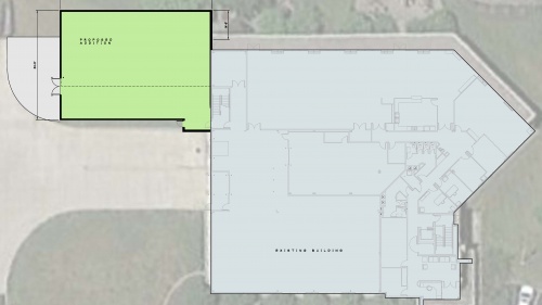The green shows where the addition of the new studios will be placed on the building. 