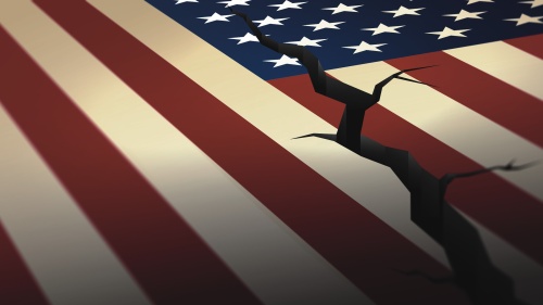 A artist illustration of a crack going through the American flag.
