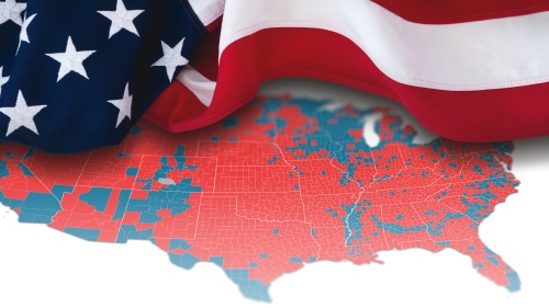 Artist illustration of American flag on top of US map of "red" and "blue" states.