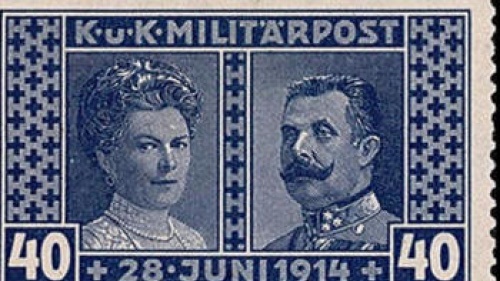 Postage stamp in memory of archduke Franz-Ferdinand and his wife Sophie.