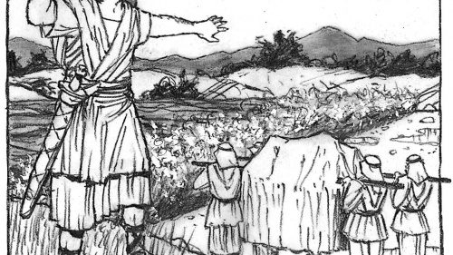 Illustration of Joshua and the crossing of the Jordan river.