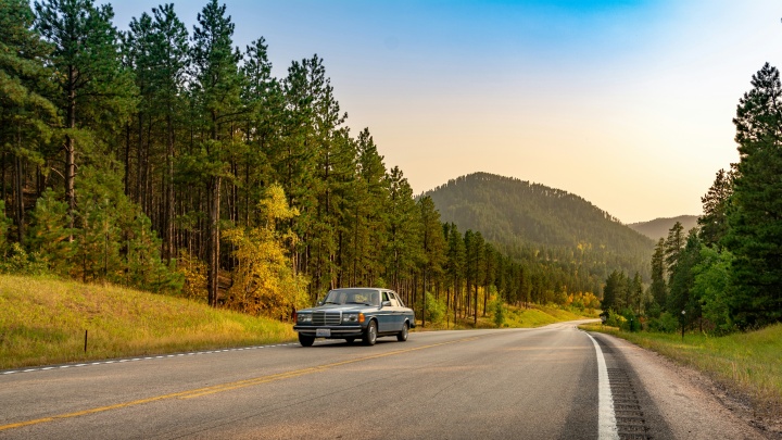 a retro car driving on a road that runs past green trees with a mountain in the background