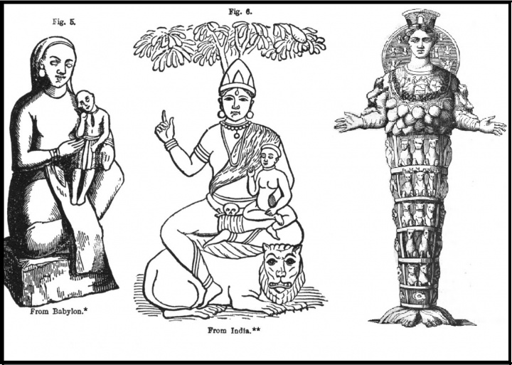 1- Semíramis y Tammuz; 2- Isi e Iswara, de la India; 3- Diana de Efesios, madre de los dioses, conocida como Artemisa (griegos). “La Dama” o “Madona” que los romanos llamaban Rea la diosa de las torres. 