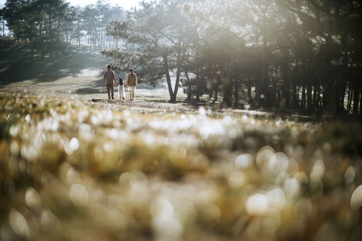 golden grass in the foreground and a family of three walking down a path in the distance