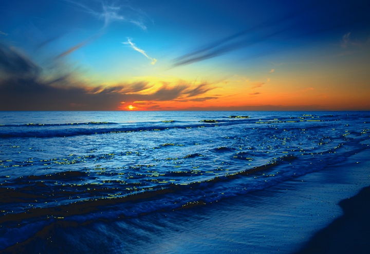 Blue and orange sunrise over an ocean.