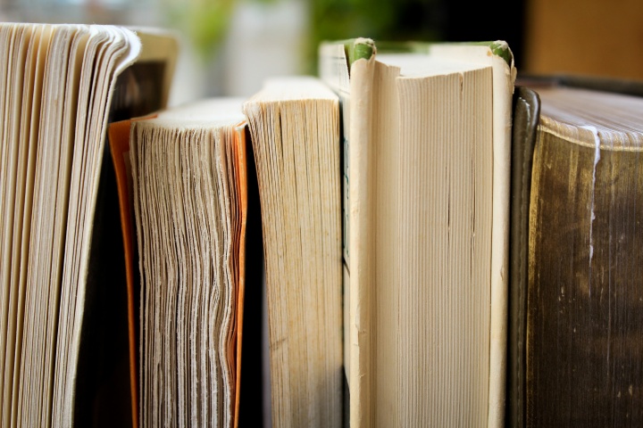 A stack of books on a shelf.