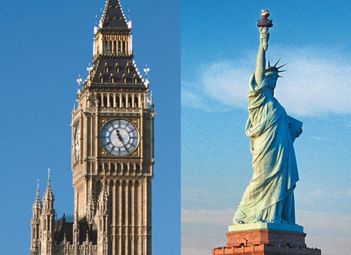 Big Ben clock tower in London, England and Statue of Liberty in New York City. 