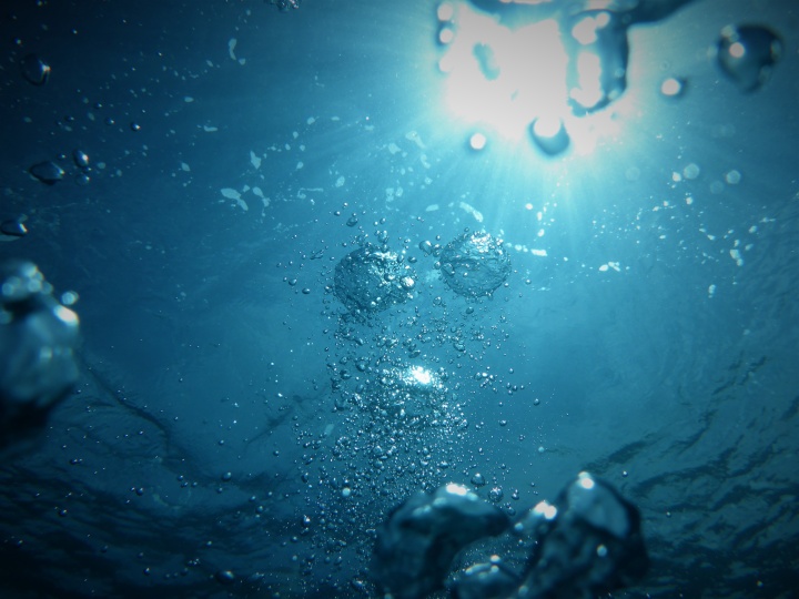 Under water looking up at sun rays.