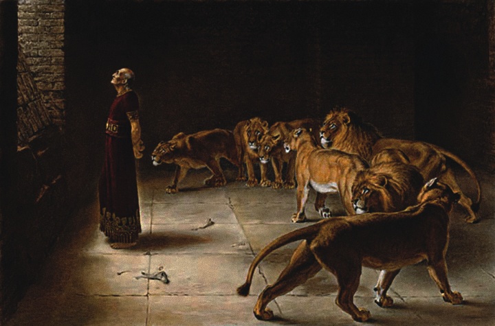An artist's rendition of Daniel in the lion's den.
