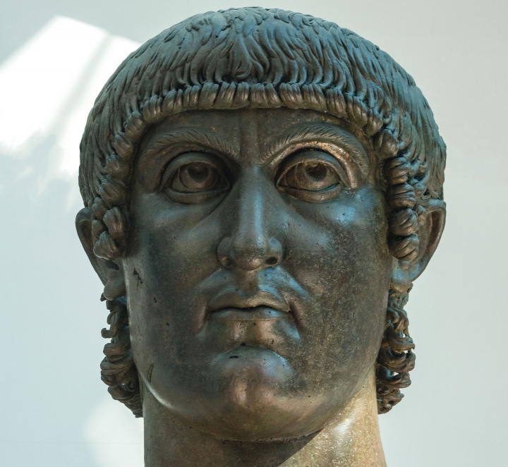 A colossal bronze bust of Roman Emperor Constantine the Great, who legalized a very different form of Christianity in his empire.