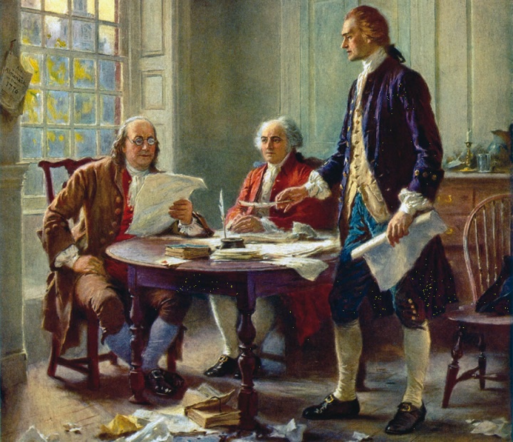 Artist rendition of Benjamin Franklin, John Adams and Thomas Jefferson drafting the Declaration of Independence.