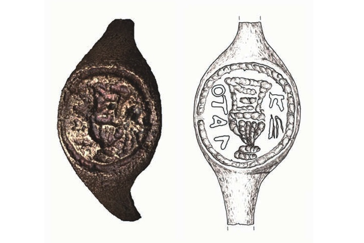 When thoroughly cleaned for the first time, this ring was found to bear a Greek translation of the Latin name “Pilate” on either side of a a large wine vessel known as a krater.