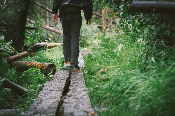 A person walking on wood beams through the woods.