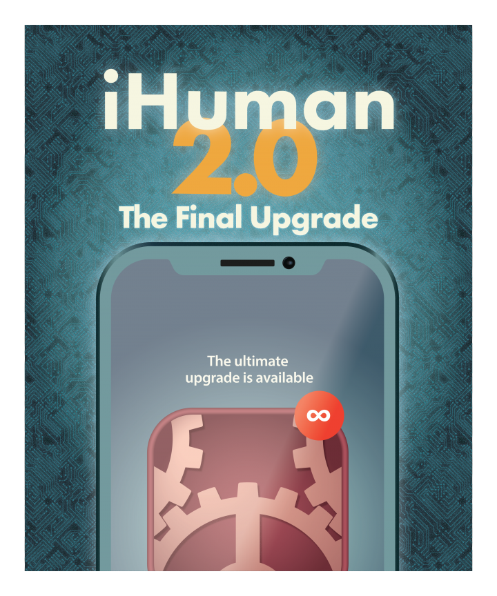 iHuman 2.0 Final Upgrade, a vector illustration of an iPhone with a red update available dot with an infinity in it