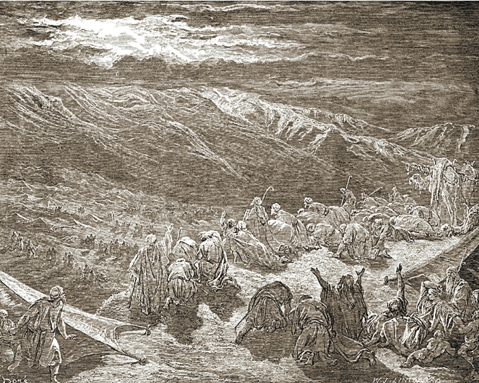 An illustration of the Israelites at Mount Sinai. 