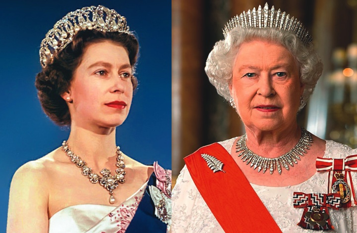 Queen Elizabeth II, photographed near the beginning and end of her 70-year reign.