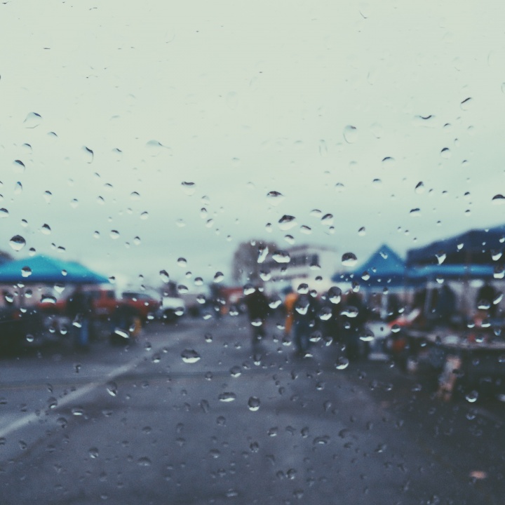 Raindrops on a car windshield.