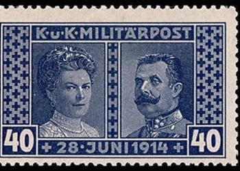Postage stamp in memory of archduke Franz-Ferdinand and his wife Sophie.