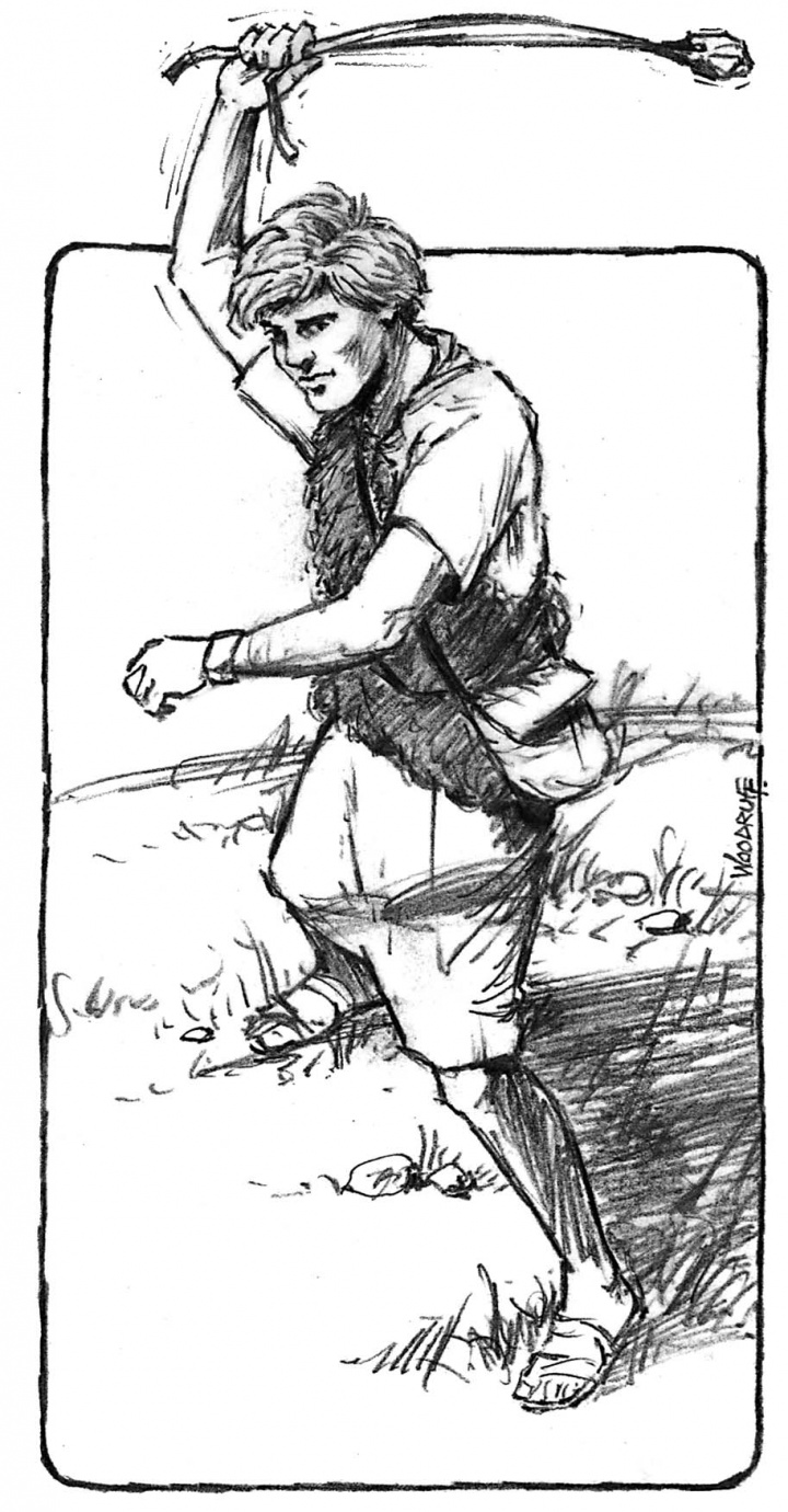 Illustration of David using a slingshot.