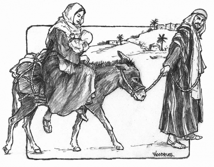 Illustration of Joseph and Mary fleeing to Egypt.