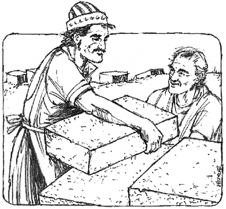 Illustration of Nehemiah helping to build the wall around Jerusalem.