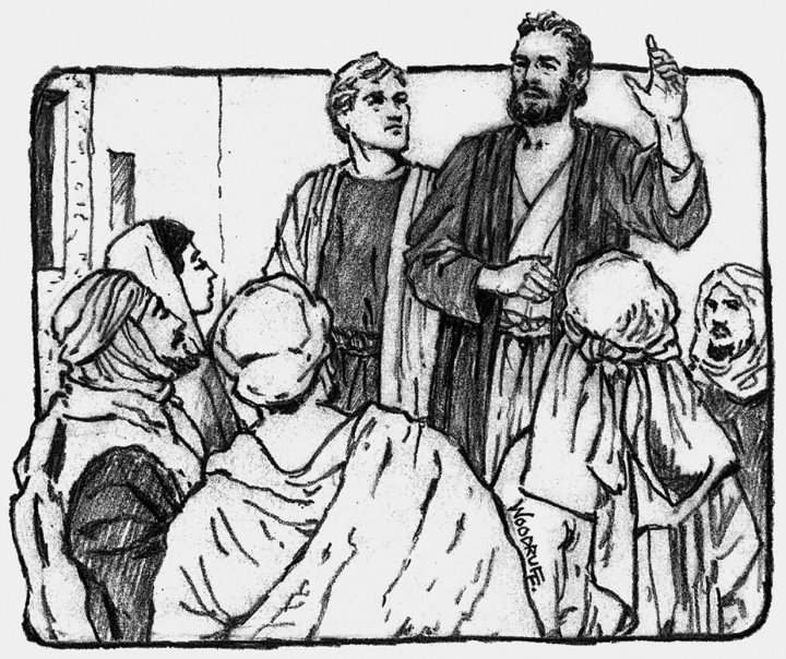 Illustration of Paul and Timothy preaching.