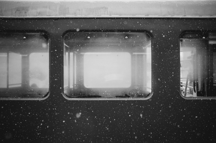Foggy windows of a commuter train