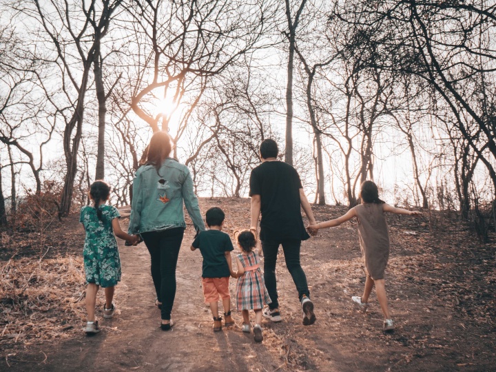 a family holding hands as they walk outdoors