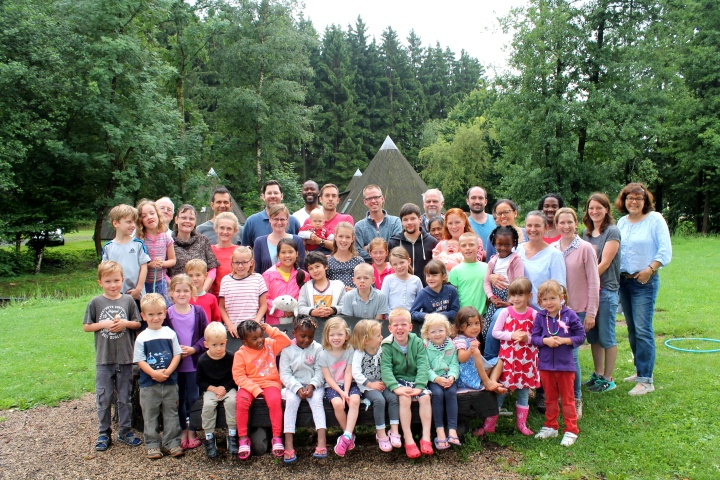 Campers and staff pose for a group photo at the German and Dutch camp in Germany. 