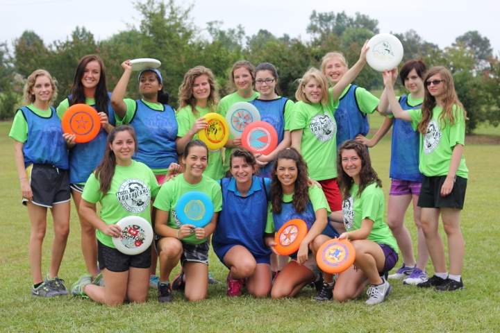 Girls dorm taking part in the frisbee activity at Camp Woodman. 