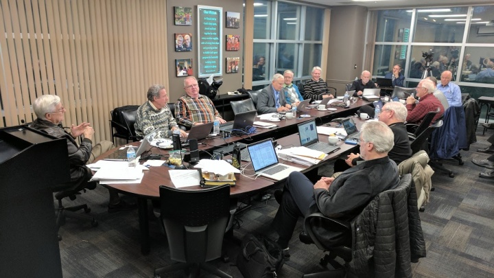The council of elders meeting at the home office in Ohio. 