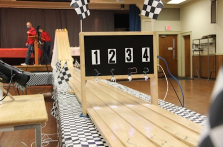 Photo of the racetrack used for the New England Pinewood Derby.